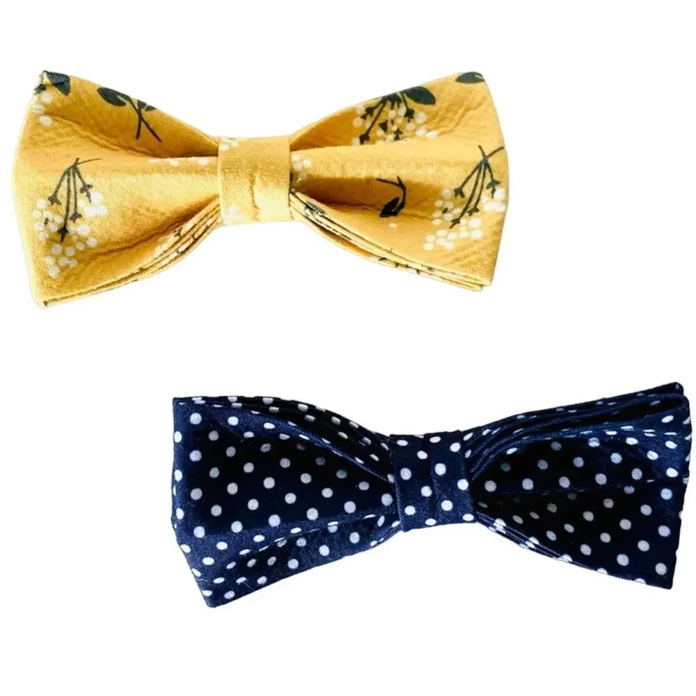 NEW HANDMADE Navy Blue Polka Dot Yellow Floral Dog Cat Collar Elastic Bow Tie